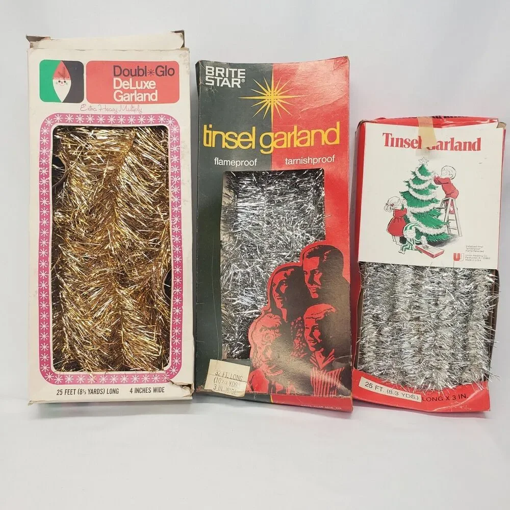 VTG Set Of 3 Silver & Gold Tinsel Garlands Brite Star Doubl Glo Christmas Tree